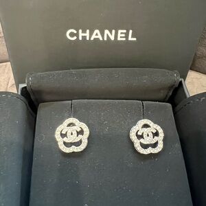 Chanel  Crystal Coco Flapper Camellia CC Stud Earrings Silver